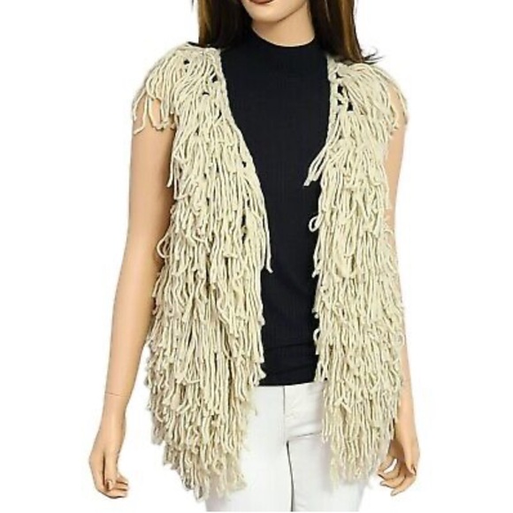 ECOTE Natural Cream Wool Blend Fringe Shaggy Knit Hoodie Zipper Vest Sz M NWT - Picture 6 of 13